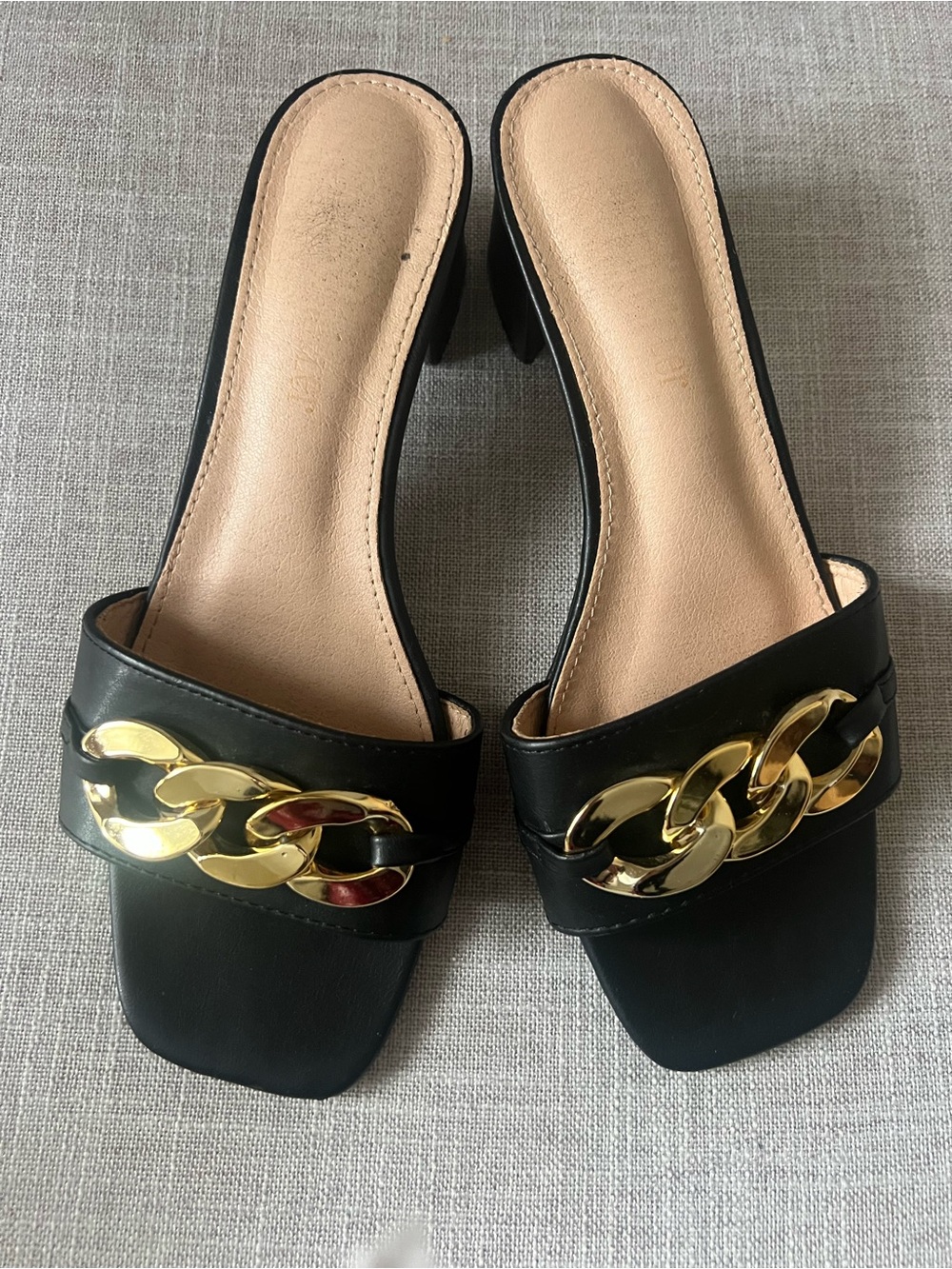 Black Slide Sandals with Gold Chain Accent, 2 inch block heel, women’s  size 9